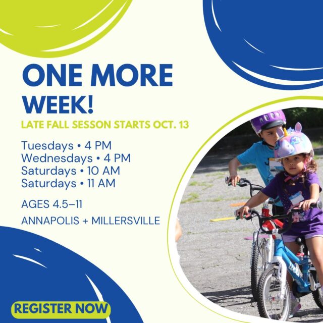 🍂 ONE MORE WEEK! 🚲

Our Late Fall Learn to Ride classes kick off next week, and we’re so excited to get out there!

These are our LAST group Learn to Ride programs of 2026 so don’t miss out! In just a few weeks, your kiddo will be riding with confidence! We’ll help them get there with plenty of practice, encouragement, and fun. 💚

📅 Classes begin October 13
📍 Millersville + Annapolis
🚲 Bikes provided

Ready to ride? Register now and join us this fall!

#PedalPowerKids #LearnToRide #BikeLessons #AnneArundelCounty #KidsActivities