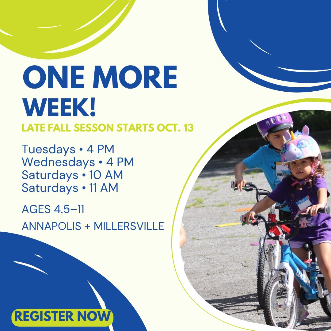 🍂 ONE MORE WEEK! 🚲

Our Late Fall Learn to Ride classes kick off next week, and we’re so excited to get out there!

These are our LAST group Learn to Ride programs of 2026 so don’t miss out! In just a few weeks, your kiddo will be riding with confidence! We’ll help them get there with plenty of practice, encouragement, and fun. 💚

📅 Classes begin October 13
📍 Millersville + Annapolis
🚲 Bikes provided

Ready to ride? Register now and join us this fall!

#PedalPowerKids #LearnToRide #BikeLessons #AnneArundelCounty #KidsActivities