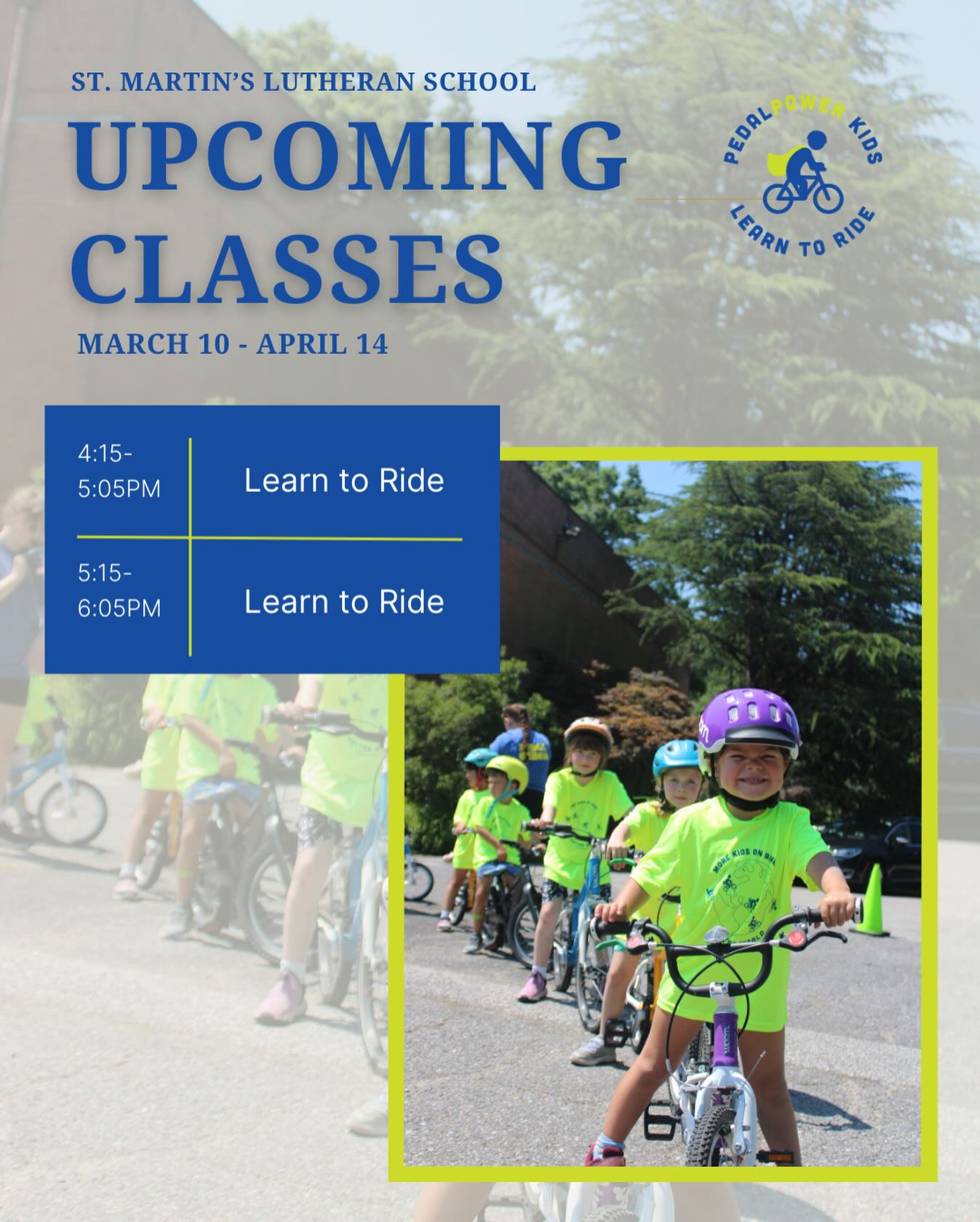 St. Martin’s families — we’re back this spring 🌷
PPK is returning to St. Martin’s Lutheran School for our next session of Learn to Ride, running March 10 – April 14.
Class times:
4:15–5:05 PM
5:15–6:05 PM
Small groups, personalized coaching with Coach Rachel, and a step-by-step method that builds real confidence on two wheels. If your rider is ready to ditch the training wheels or refine their skills, this is their season!
Register with link in bio.