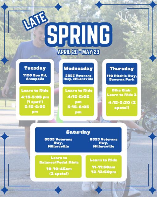 Late spring riding is here and it’s filling fast!
Learn to Ride
📍 St. Martin’s (1120 Spa Road, Annapolis)
Tuesdays:
4:15–5:05pm (1 spot left)
5:15–6:05pm
April 21 – May 19
📍 PPK HQ (8855 Veterans Hwy, Millersville)
Wednesdays:
4:15–5:05pm
5:15–6:05pm
April 22 – May 20
📍 PPK HQ (8855 Veterans Hwy, Millersville)
Saturdays:
11–12pm (sold out)
12–1pm (2 spots left)
April 25 – May 23
Learn to Balance & Pedal Minis
📍 PPK HQ (8855 Veterans Hwy, Millersville)
Saturdays:
10–10:45am (2 spots left)
April 25 – May 23
Bike Club: Learn to Ride Level 2
A great next step for riders ready to build confidence, strengthen skills, and start exploring the bike trail
📍 Severna Park (110 Ritchie Hwy, Severna Park)
Thursdays:
4:15–5:30pm (2 spots left)
April 23 – May 21
We’re in the final spots for this session—secure yours before they’re gone. Link in bio.