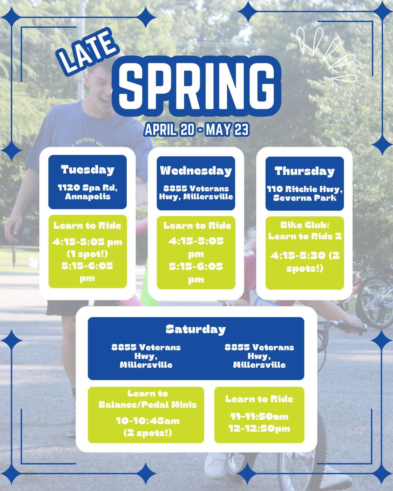 Late spring riding is here and it’s filling fast!
Learn to Ride
📍 St. Martin’s (1120 Spa Road, Annapolis)
Tuesdays:
4:15–5:05pm (1 spot left)
5:15–6:05pm
April 21 – May 19
📍 PPK HQ (8855 Veterans Hwy, Millersville)
Wednesdays:
4:15–5:05pm
5:15–6:05pm
April 22 – May 20
📍 PPK HQ (8855 Veterans Hwy, Millersville)
Saturdays:
11–12pm (sold out)
12–1pm (2 spots left)
April 25 – May 23
Learn to Balance & Pedal Minis
📍 PPK HQ (8855 Veterans Hwy, Millersville)
Saturdays:
10–10:45am (2 spots left)
April 25 – May 23
Bike Club: Learn to Ride Level 2
A great next step for riders ready to build confidence, strengthen skills, and start exploring the bike trail
📍 Severna Park (110 Ritchie Hwy, Severna Park)
Thursdays:
4:15–5:30pm (2 spots left)
April 23 – May 21
We’re in the final spots for this session—secure yours before they’re gone. Link in bio.