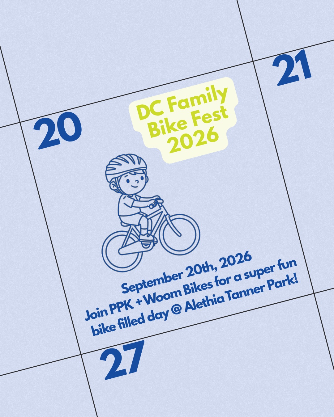 🚲🎉 We’re heading to the DC Family Bike Fest!

Join PedalPower Kids + Woom Bikes on Sunday, September 20 at Alethia Tanner Park for a super fun, bike-filled day for the whole family!

Come ride, play, explore, and connect with other DC families who love getting kids on bikes. We’ll be there with activities and plenty of bike fun. We’d love to see you there! 💙

📍 Alethia Tanner Park
📅 Sunday, September 20
🚲 Presented in partnership with Woom Bikes

Ready to join us? RSVP through the link in our bio! 🔗

#DCFamilyBikeFest #DCFamily #DCKids #KidsOnBikes #MoreKidsOnBikes #PedalPowerKids #WoomBikes