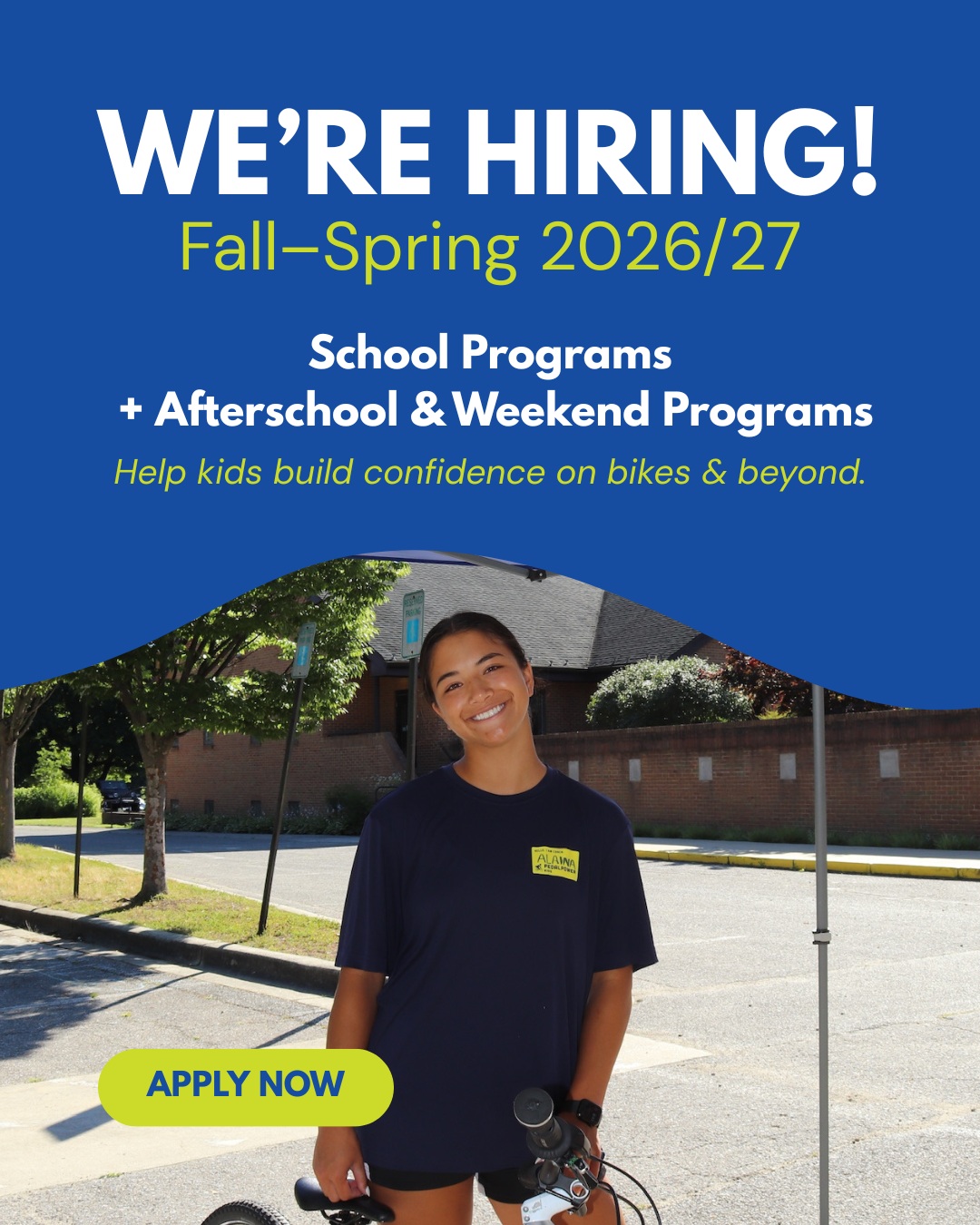 🚲 WE’RE HIRING! 💚

Love bikes? Love working with kids? Love being part of a team that helps kids build confidence on and off the bike?

PedalPower Kids is hiring instructors for our 2026–2027 school year!

We’re looking for enthusiastic, dependable, and encouraging instructors to join our team for:

📚 School Programs
Weekday availability during school hours

🌟 Afterschool + Weekend Programs
Weekday afternoon + weekend availability

No professional cycling experience required, we’ll provide the training! We’re looking for people who are energetic, patient, responsible, and excited to help kids learn.

Ready to ride with us?
Apply today! Link in bio 🔗